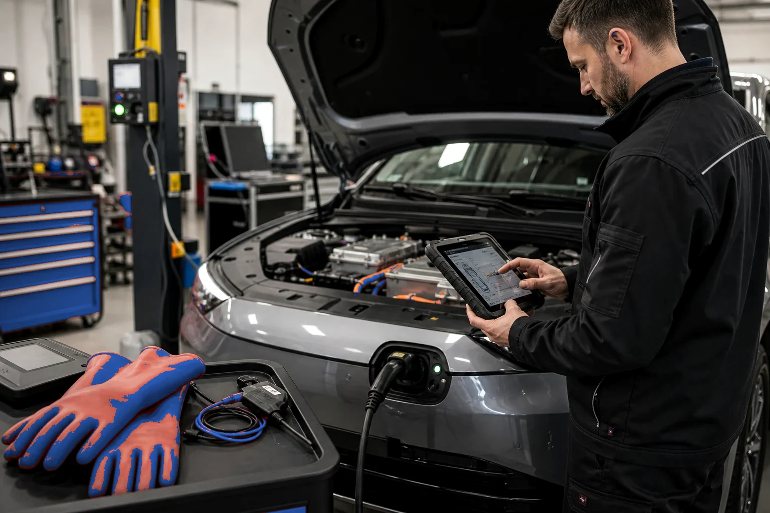Geschulter AUTOPRO Mechatroniker bei der Hochvolt-Diagnose an einem Elektroauto