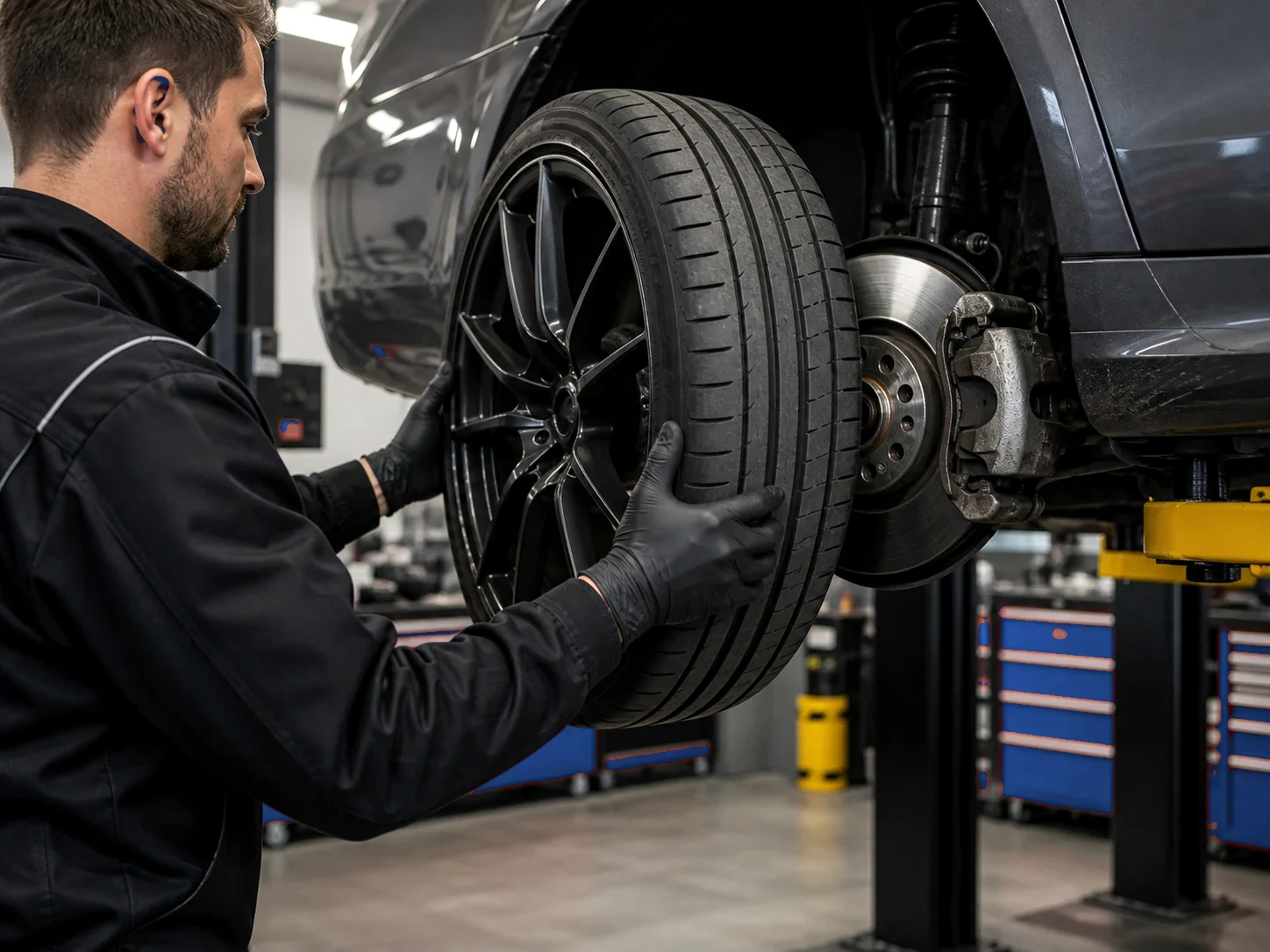 Einblick in die AUTOPRO Werkstatt: Mechatroniker montiert ein Rad