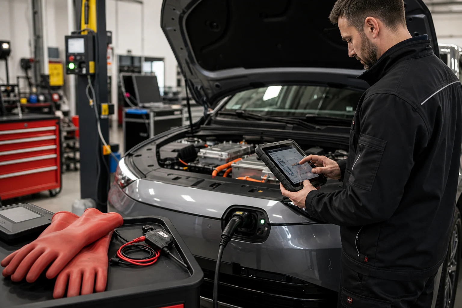 Geschulter AUTOPRO Mechatroniker bei der Hochvolt-Diagnose an einem Elektroauto
